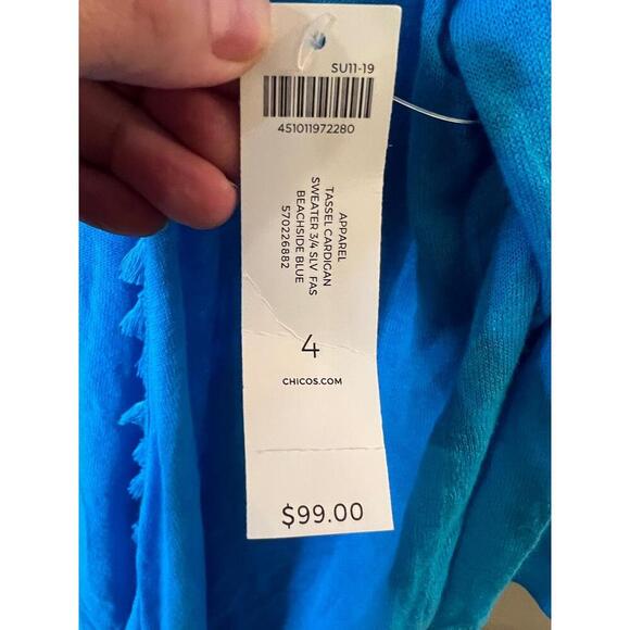 NWT Chicos Blue Crochet Lace Hem Tassel Trim Open Front Cardigan Size 4 (XL) - Picture 9 of 11
